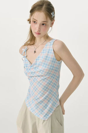 Sweetness Blue Plaid Bowknot Tank Top