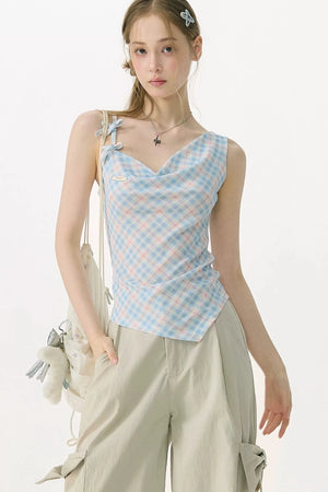 Sweetness Blue Plaid Bowknot Tank Top