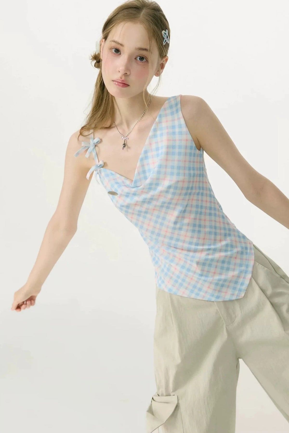 Sweetness Blue Plaid Bowknot Tank Top