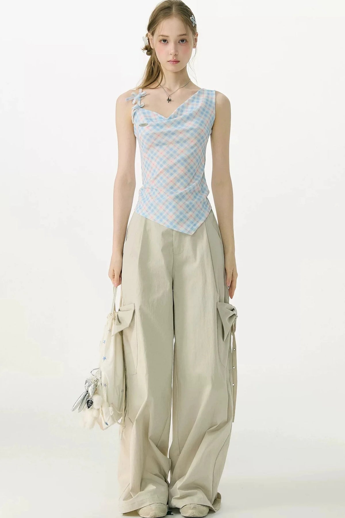 Sweetness Blue Plaid Bowknot Tank Top