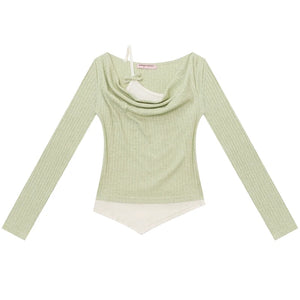 Swing Collar Fake Two Pieces Slim Top