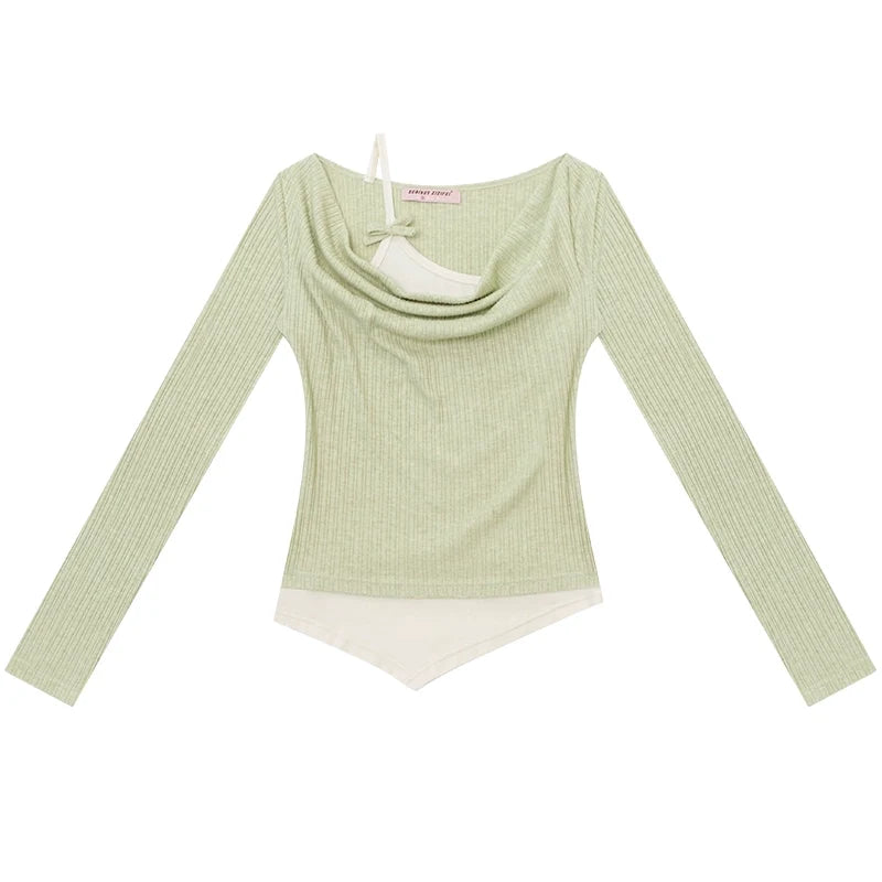Swing Collar Fake Two Pieces Slim Top