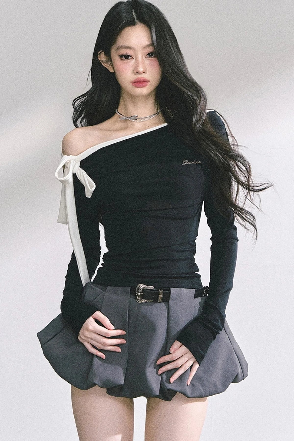 Swirl Waist Slimming Black Top