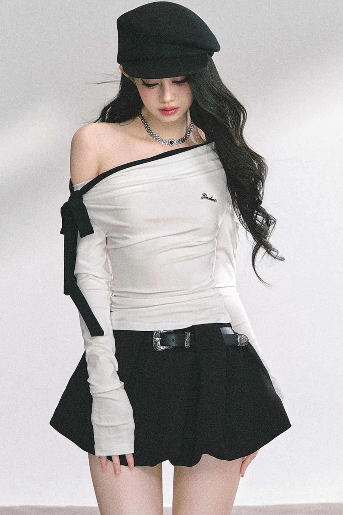 Swirl Waist Slimming Black Top