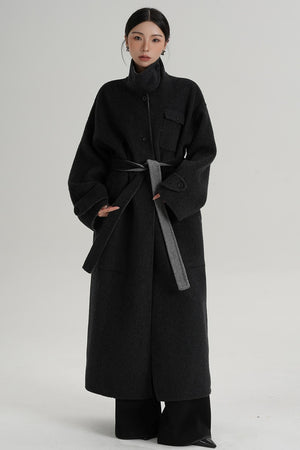 Temperament Design Color-Blocking Woolen Coat