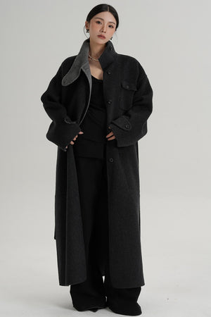 Temperament Design Color-Blocking Woolen Coat