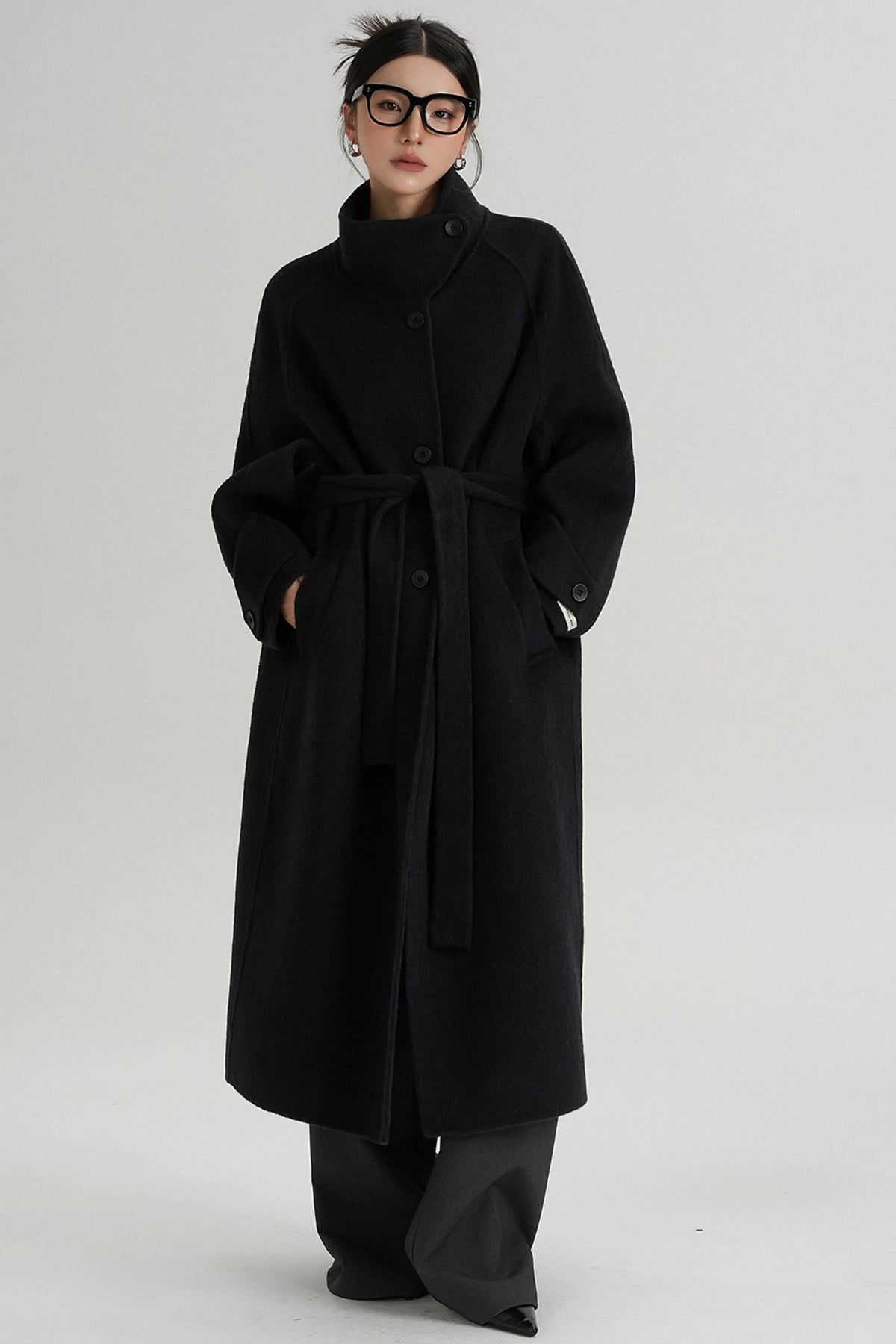 Temperament Diagonal Buckle Wool Coat