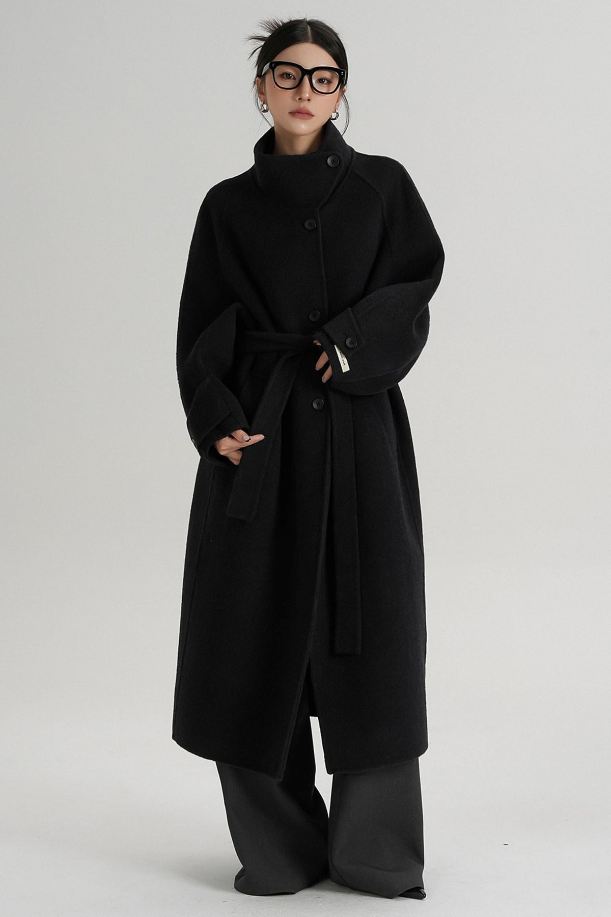 Temperament Diagonal Buckle Wool Coat