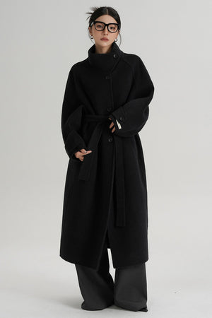 Temperament Diagonal Buckle Wool Coat