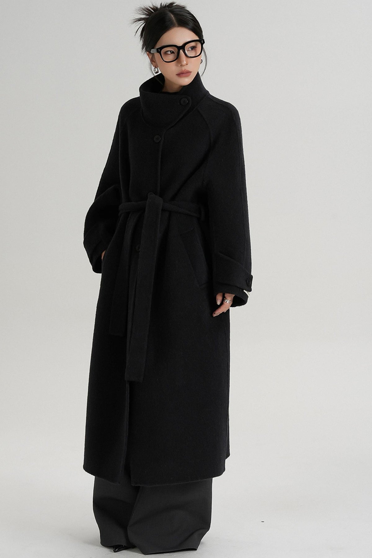 Temperament Diagonal Buckle Wool Coat