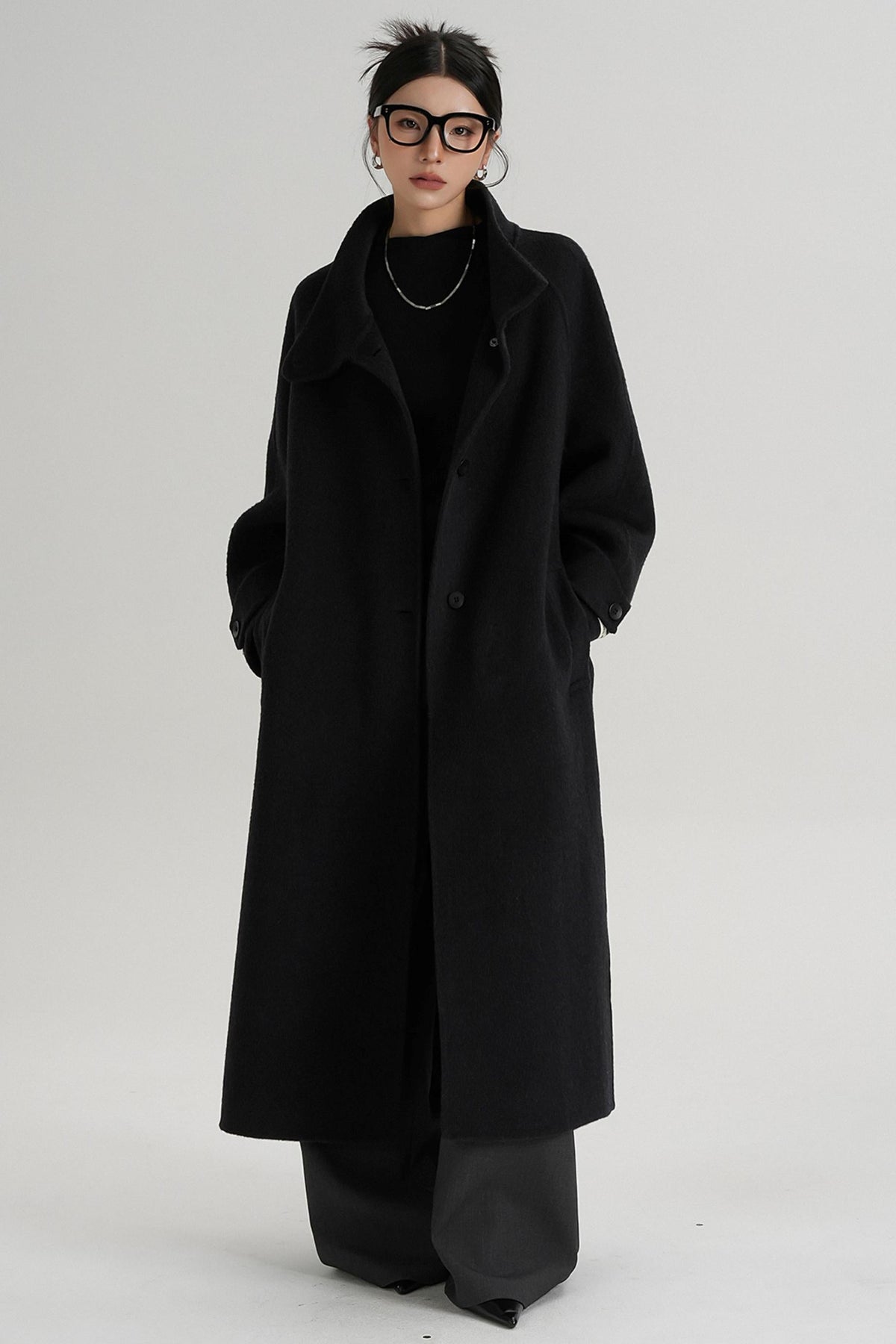 Temperament Diagonal Buckle Wool Coat