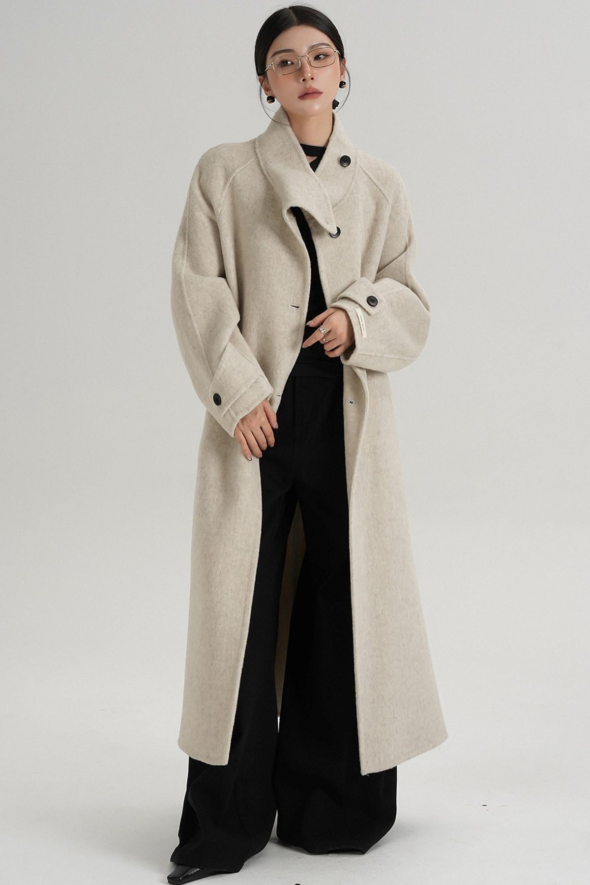 Temperament Diagonal Buckle Wool Coat