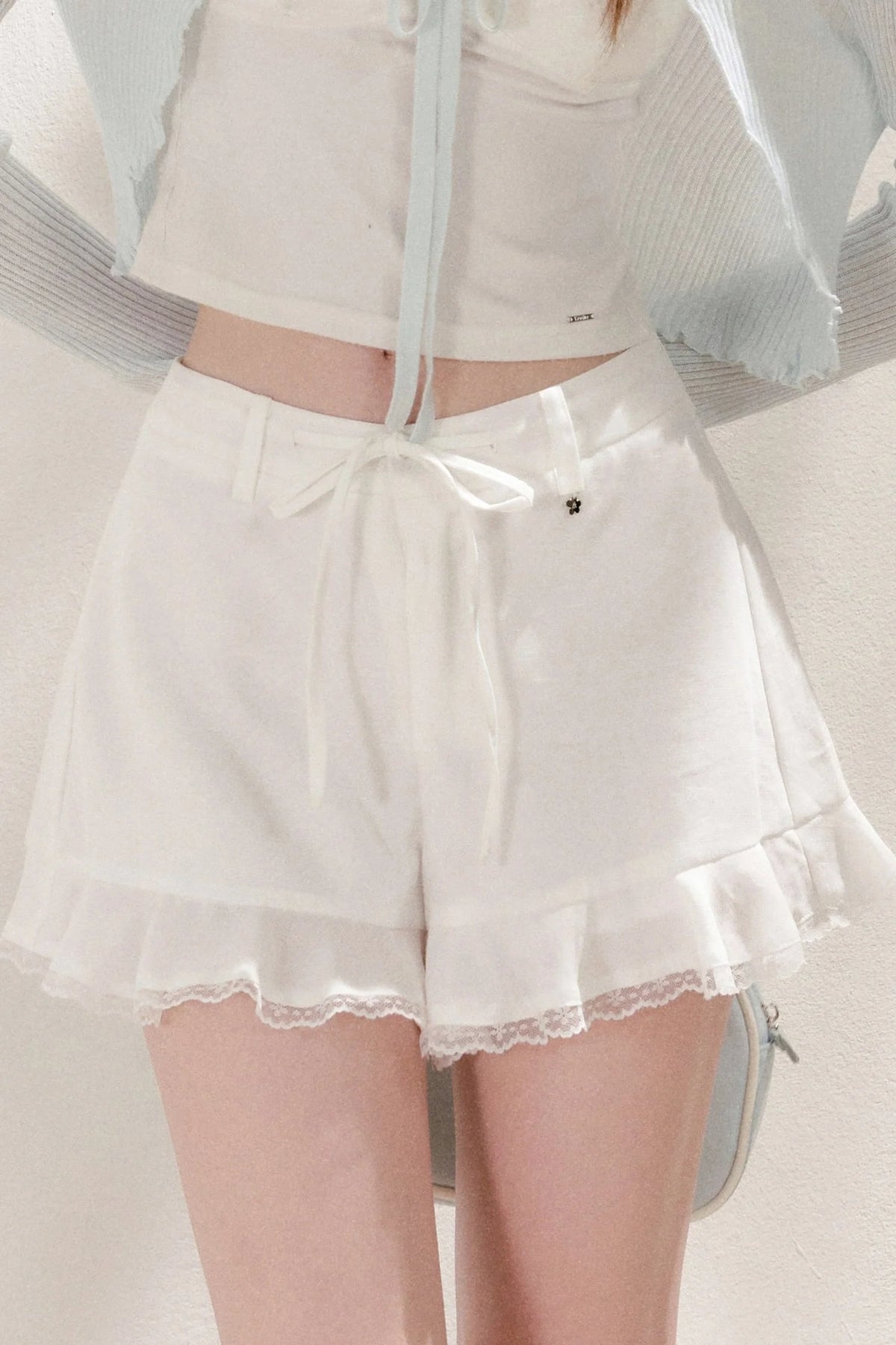 Tencel Linen Lace Spliced Ruffle Drawstring High-Waisted A-Line Shorts