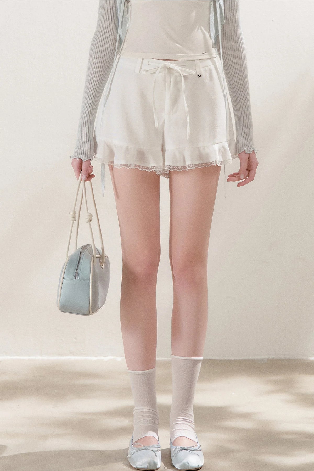 Tencel Linen Lace Spliced Ruffle Drawstring High-Waisted A-Line Shorts