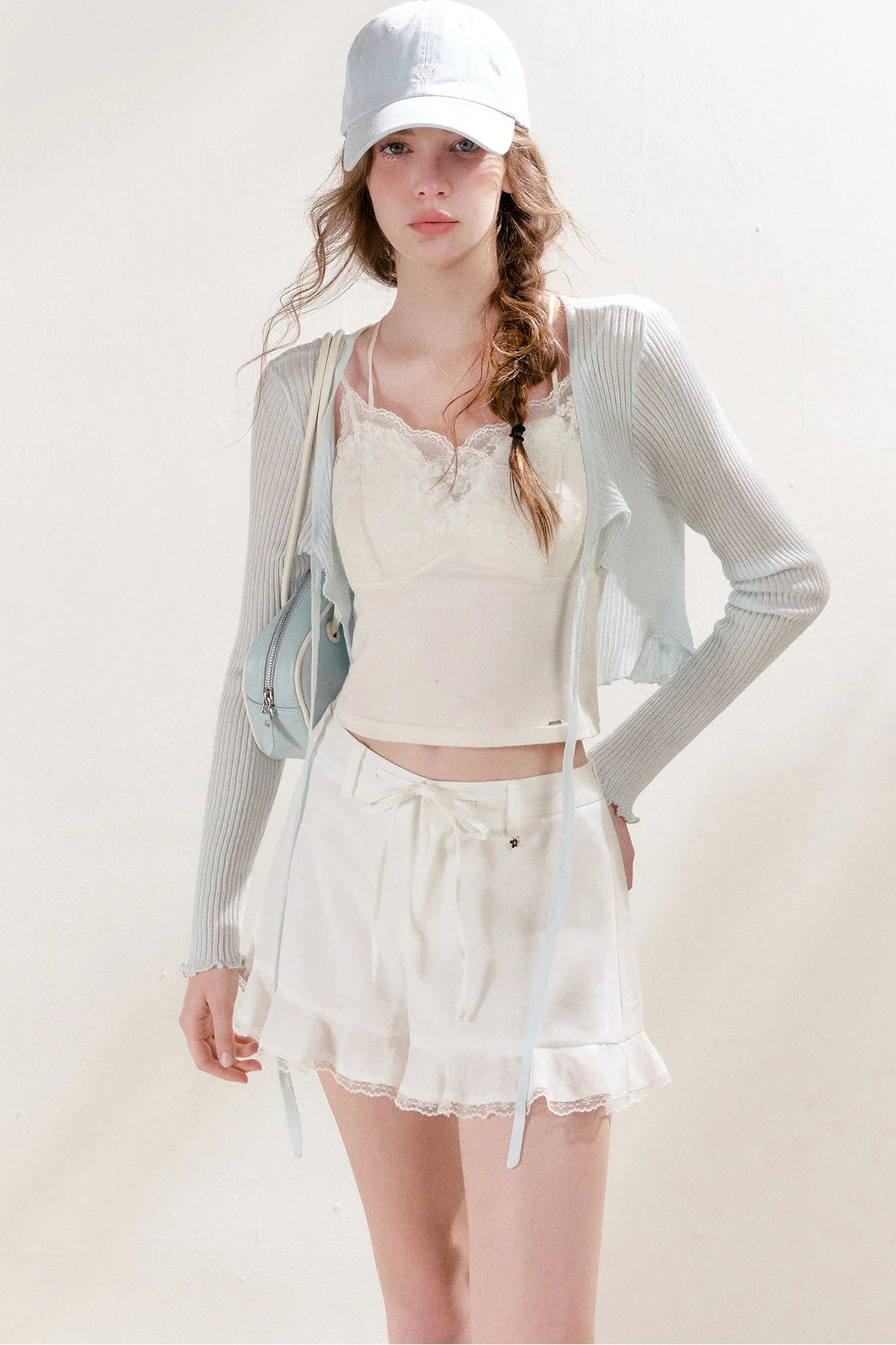 Tencel Linen Lace Spliced Ruffle Drawstring High-Waisted A-Line Shorts
