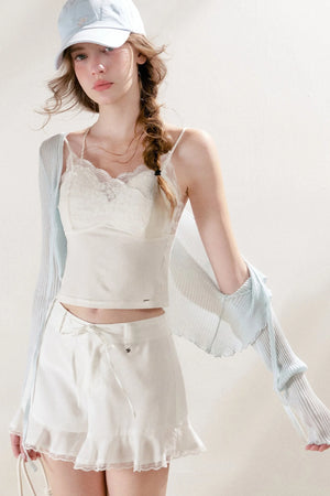 Tencel Linen Lace Spliced Ruffle Drawstring High-Waisted A-Line Shorts