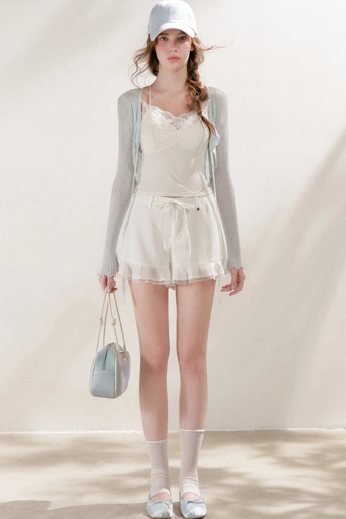 Tencel Linen Lace Spliced Ruffle Drawstring High-Waisted A-Line Shorts