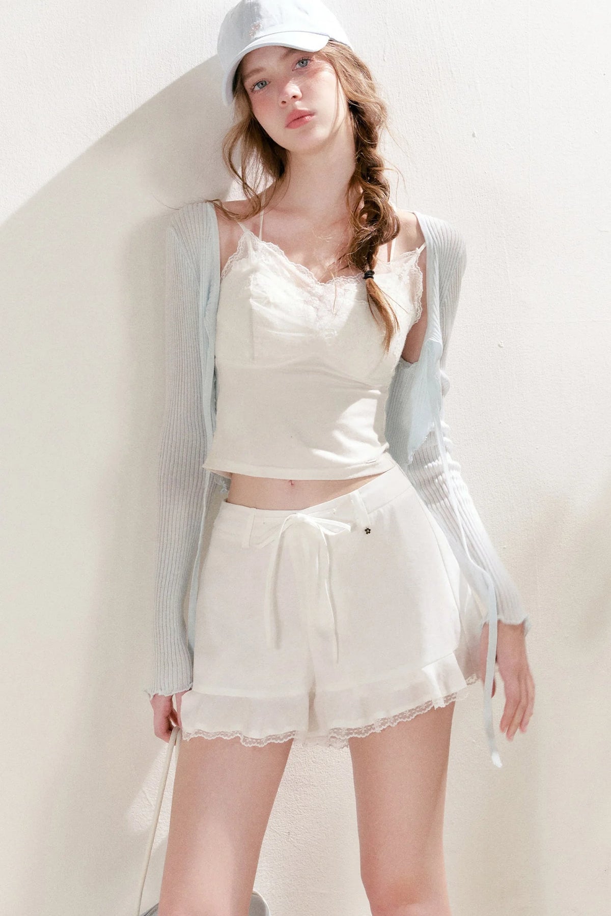 Tencel Linen Lace Spliced Ruffle Drawstring High-Waisted A-Line Shorts