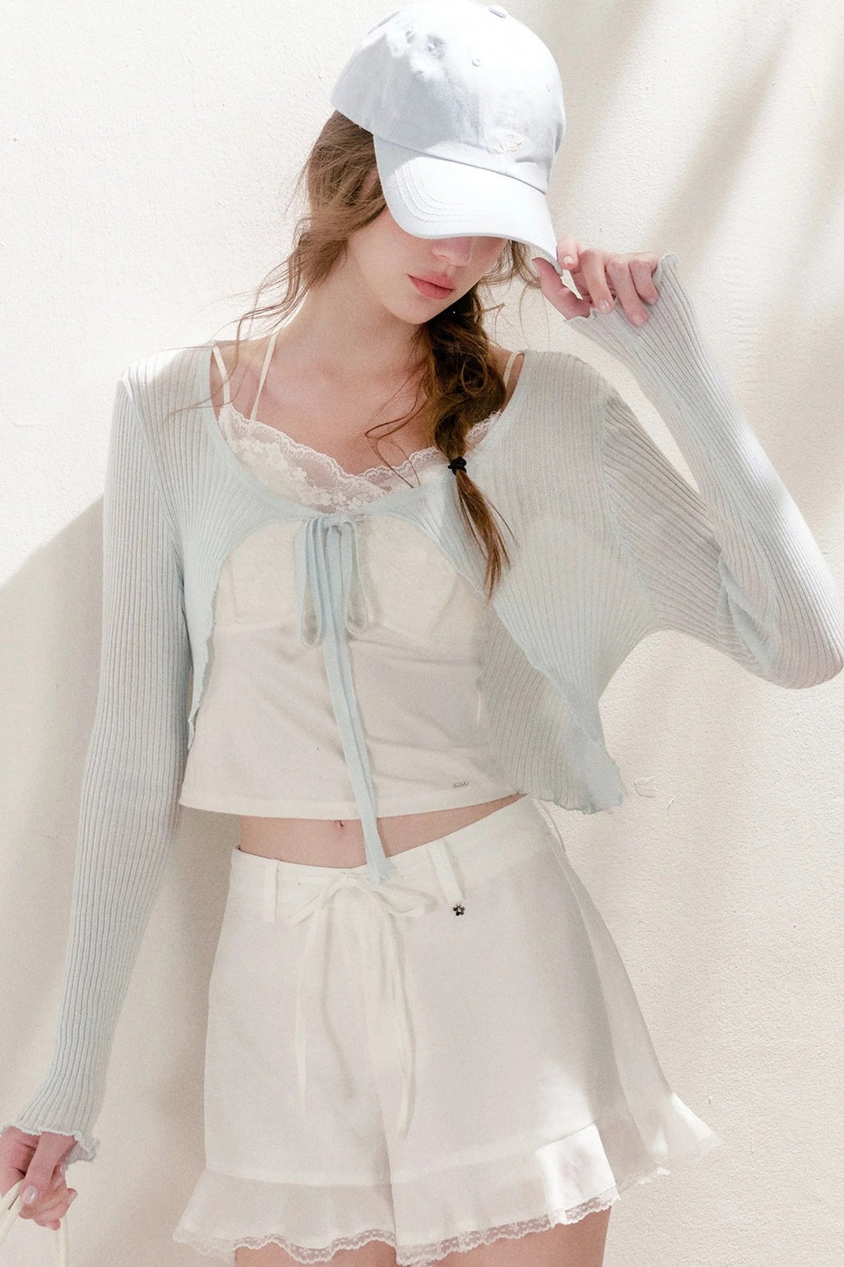 Tencel Linen Lace Spliced Ruffle Drawstring High-Waisted A-Line Shorts