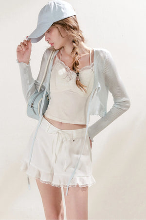 Tencel Linen Lace Spliced Ruffle Drawstring High-Waisted A-Line Shorts