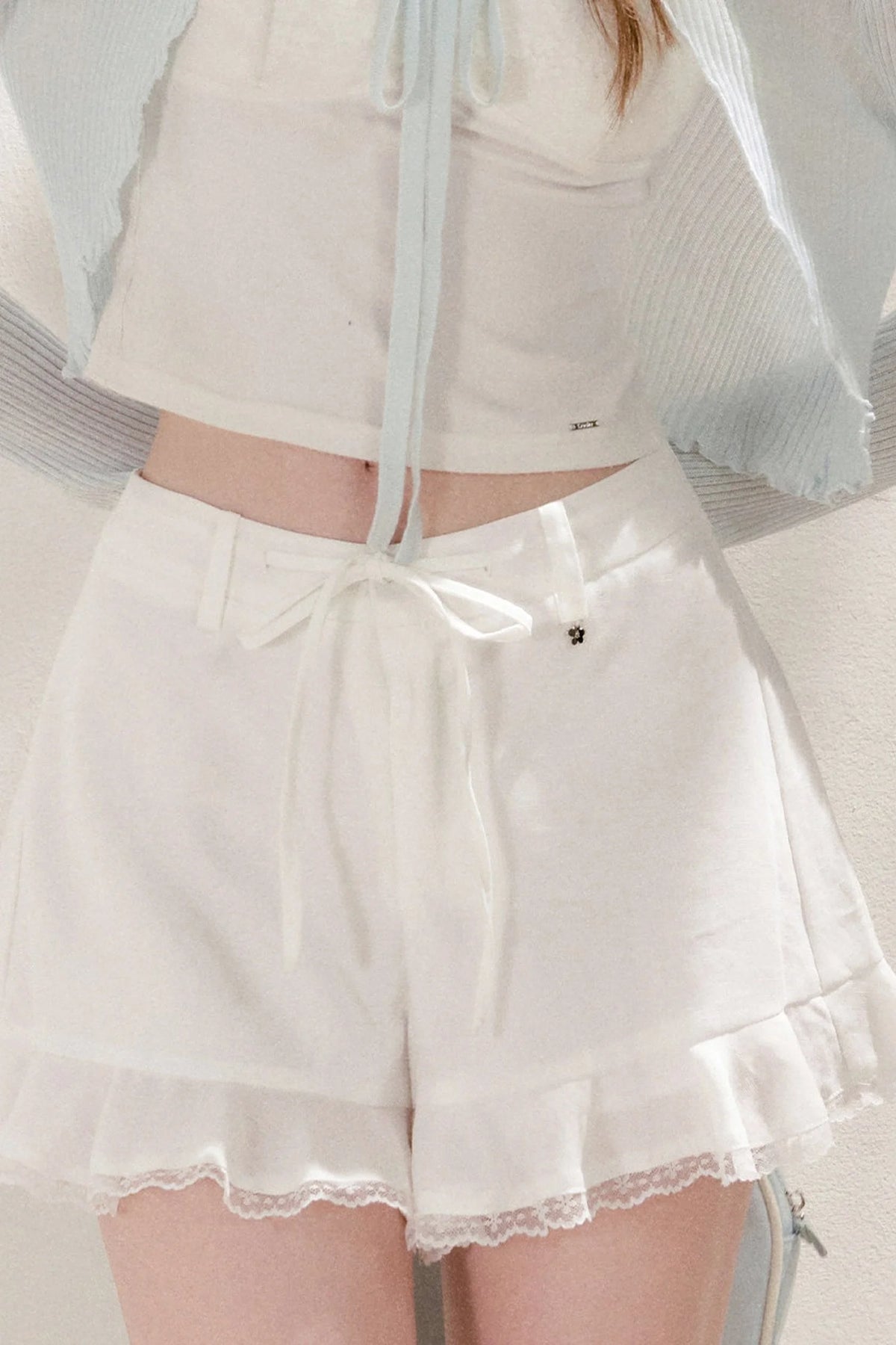 Tencel Linen Lace Spliced Ruffle Drawstring High-Waisted A-Line Shorts