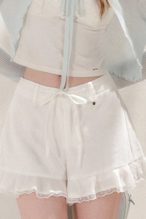 Tencel Linen Lace Spliced Ruffle Drawstring High-Waisted A-Line Shorts