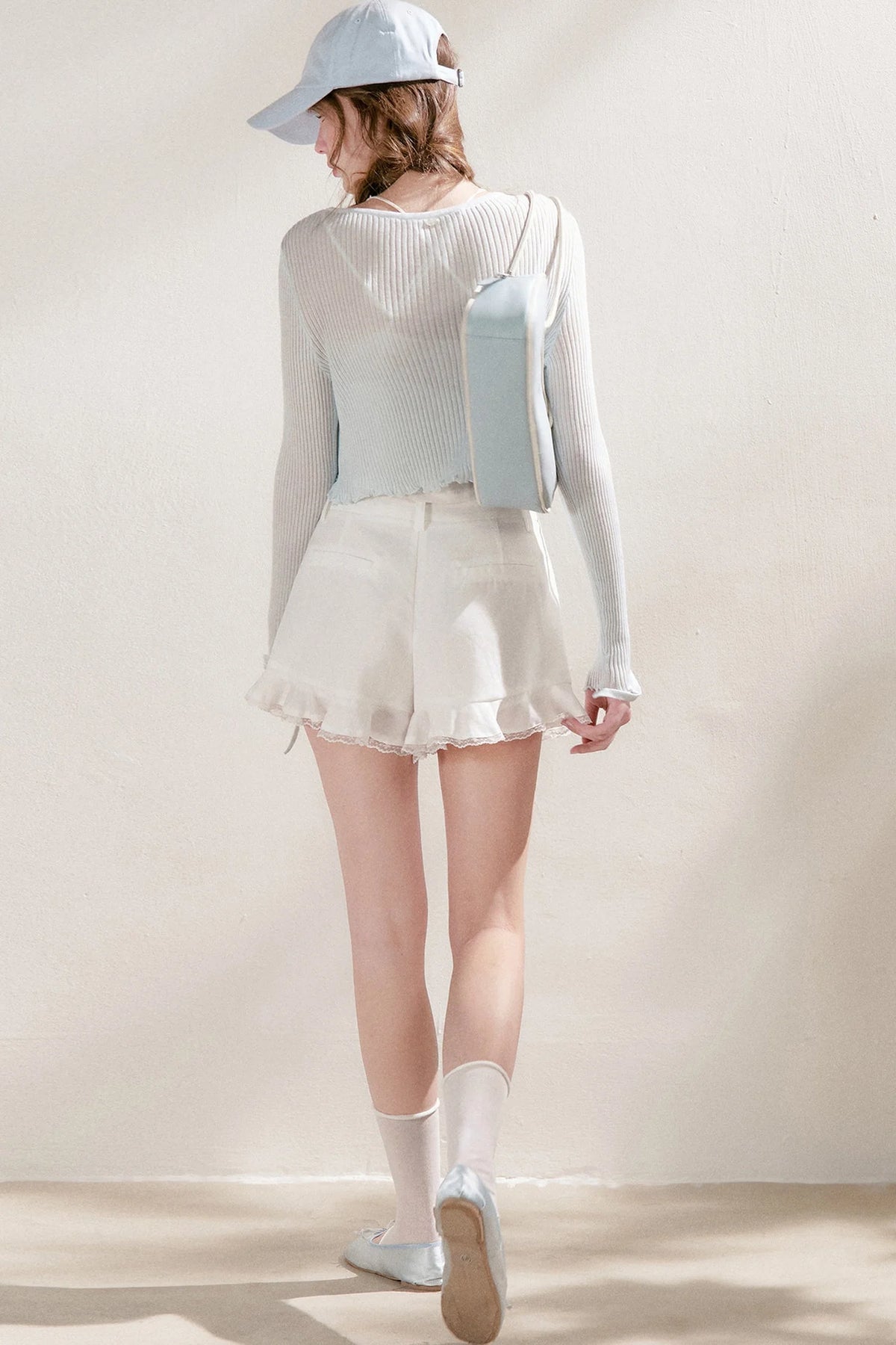 Tencel Linen Lace Spliced Ruffle Drawstring High-Waisted A-Line Shorts