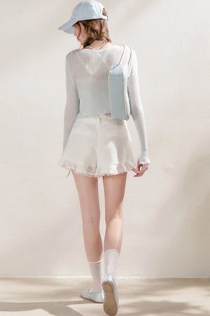 Tencel Linen Lace Spliced Ruffle Drawstring High-Waisted A-Line Shorts