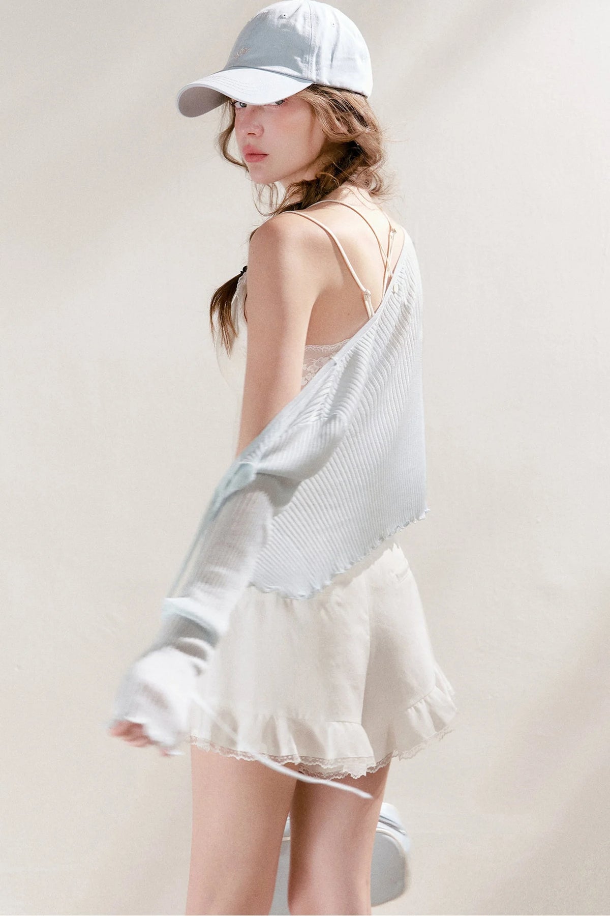Tencel Linen Lace Spliced Ruffle Drawstring High-Waisted A-Line Shorts