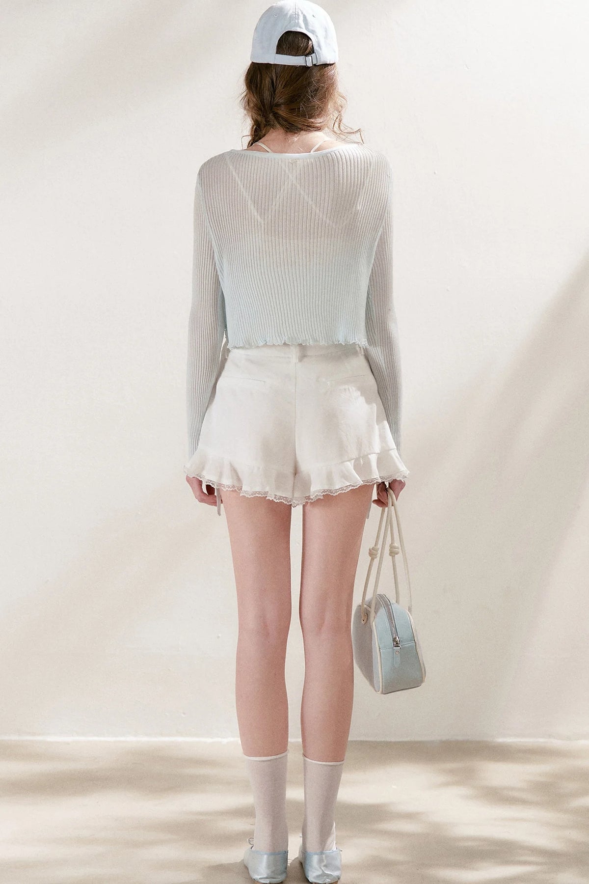 Tencel Linen Lace Spliced Ruffle Drawstring High-Waisted A-Line Shorts