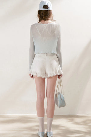Tencel Linen Lace Spliced Ruffle Drawstring High-Waisted A-Line Shorts