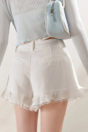 Tencel Linen Lace Spliced Ruffle Drawstring High-Waisted A-Line Shorts