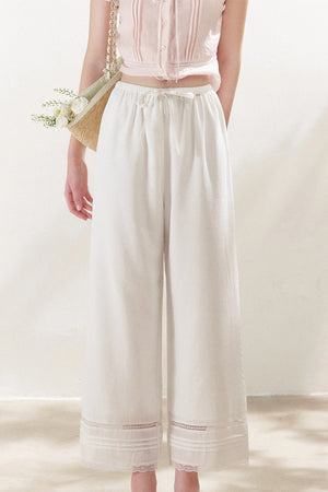 Tencel Linen Straight Leg Cropped Hollow Lace Pants