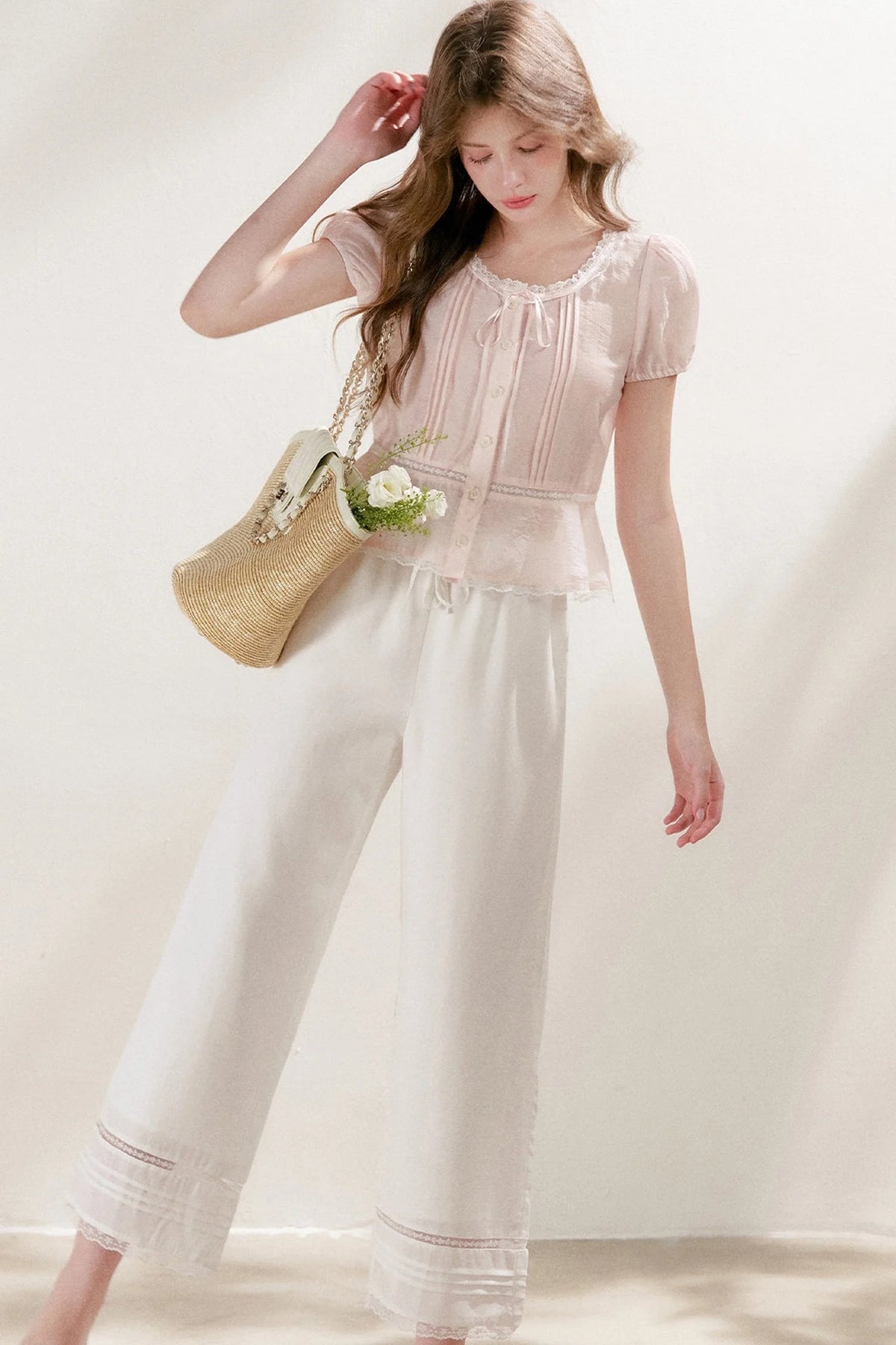 Tencel Linen Straight Leg Cropped Hollow Lace Pants