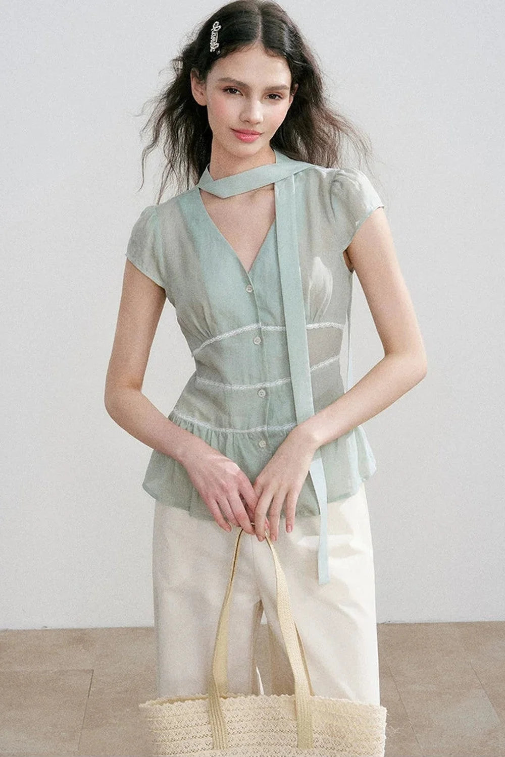 Tencel V-Neck Ribbon Blouse