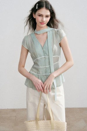 Tencel V-Neck Ribbon Blouse