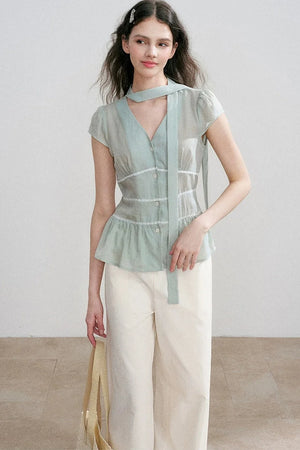 Tencel V-Neck Ribbon Blouse