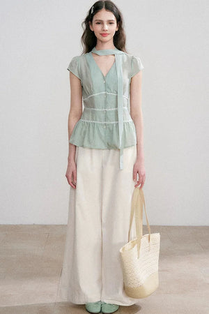 Tencel V-Neck Ribbon Blouse