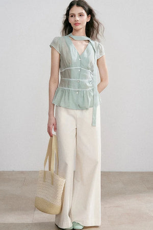 Tencel V-Neck Ribbon Blouse