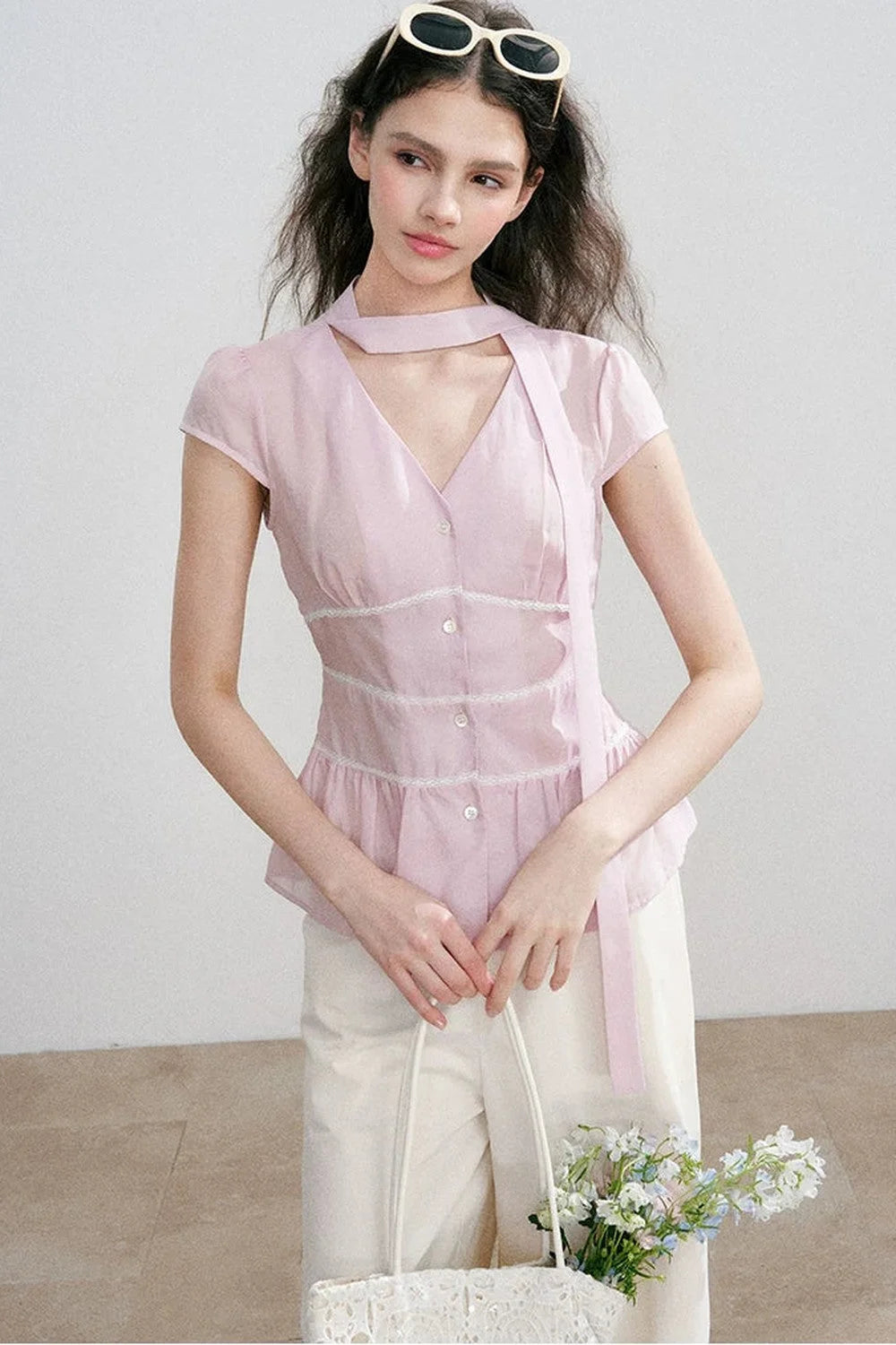 Tencel V-Neck Ribbon Blouse