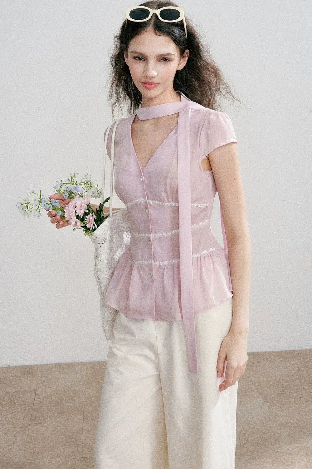 Tencel V-Neck Ribbon Blouse