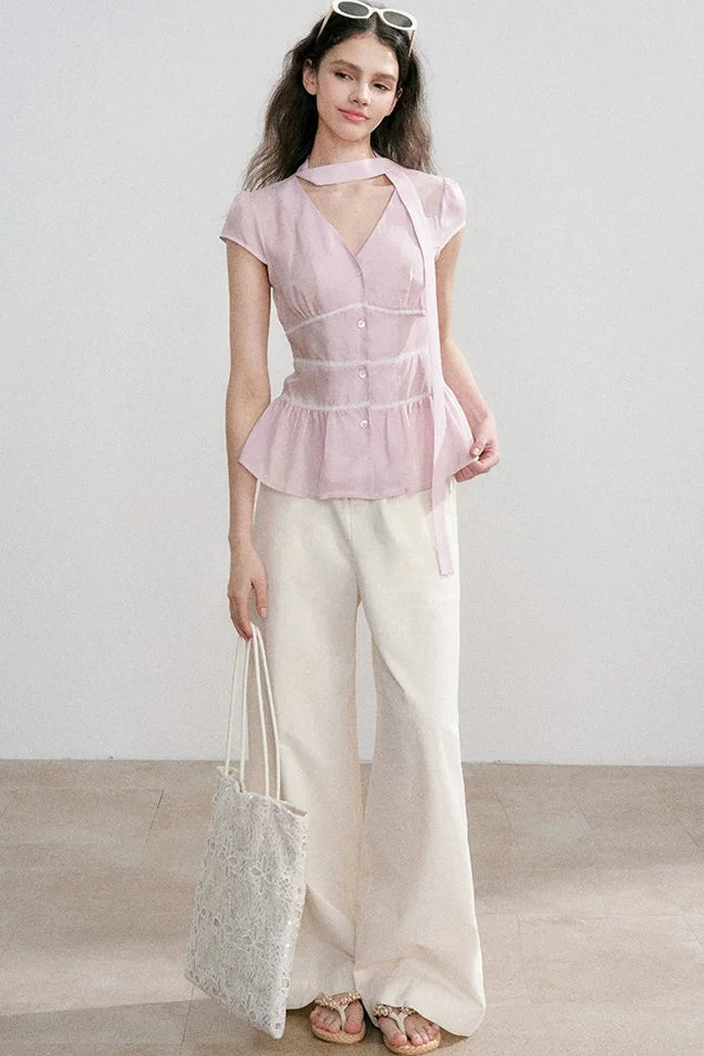 Tencel V-Neck Ribbon Blouse