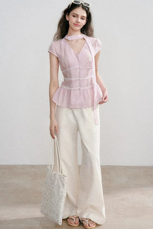 Tencel V-Neck Ribbon Blouse