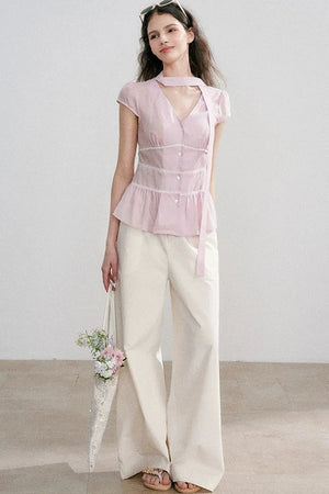 Tencel V-Neck Ribbon Blouse