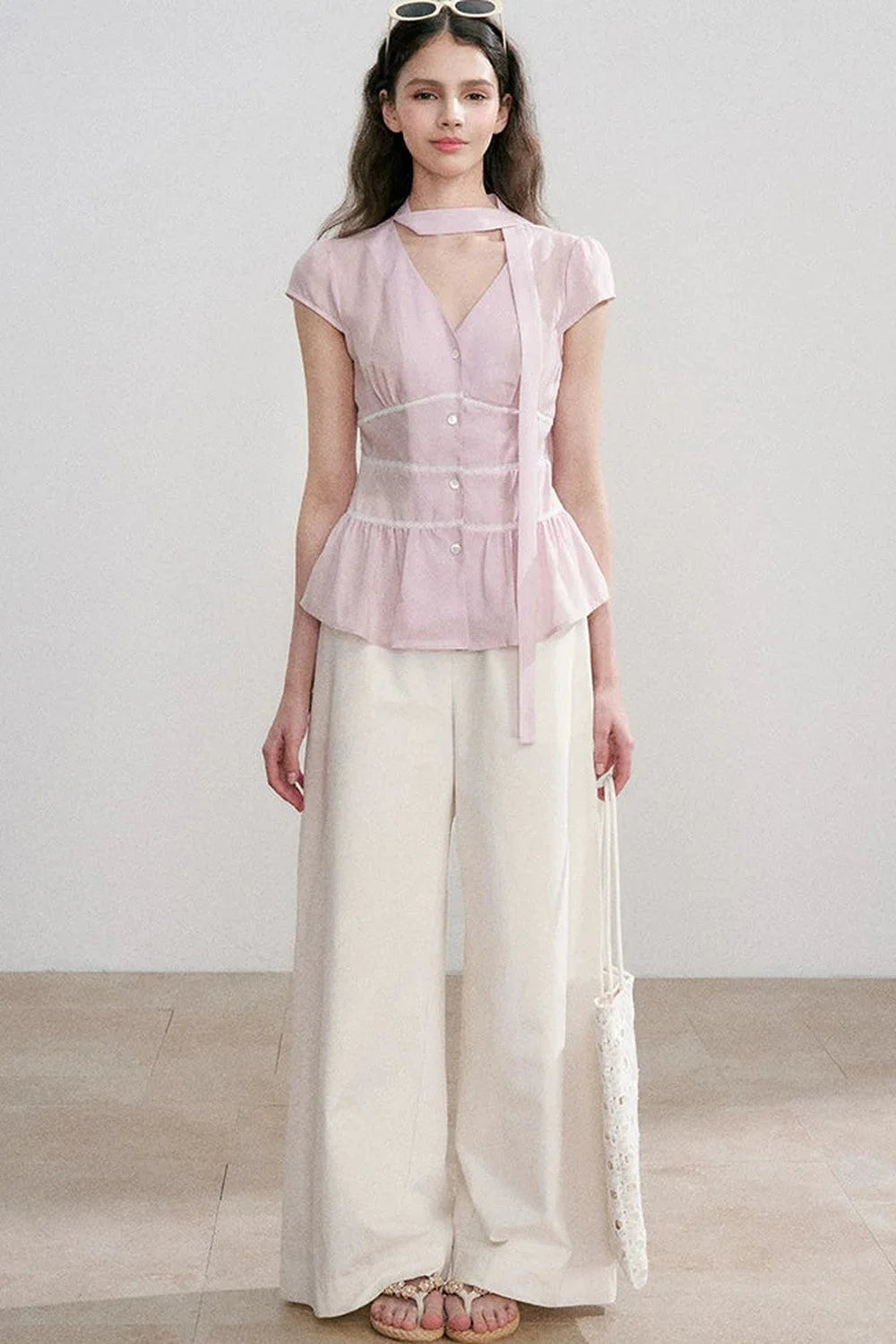 Tencel V-Neck Ribbon Blouse
