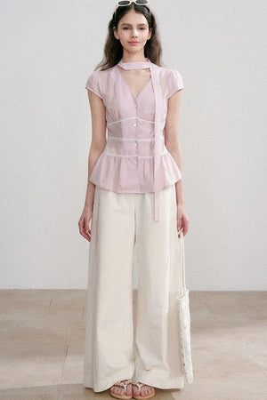 Tencel V-Neck Ribbon Blouse