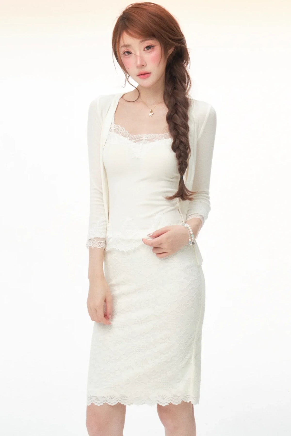 Tencel Wool Lace Cardigan Skirt Set-Up