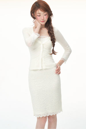 Tencel Wool Lace Cardigan Skirt Set-Up