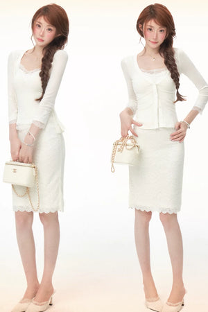 Tencel Wool Lace Cardigan Skirt Set-Up