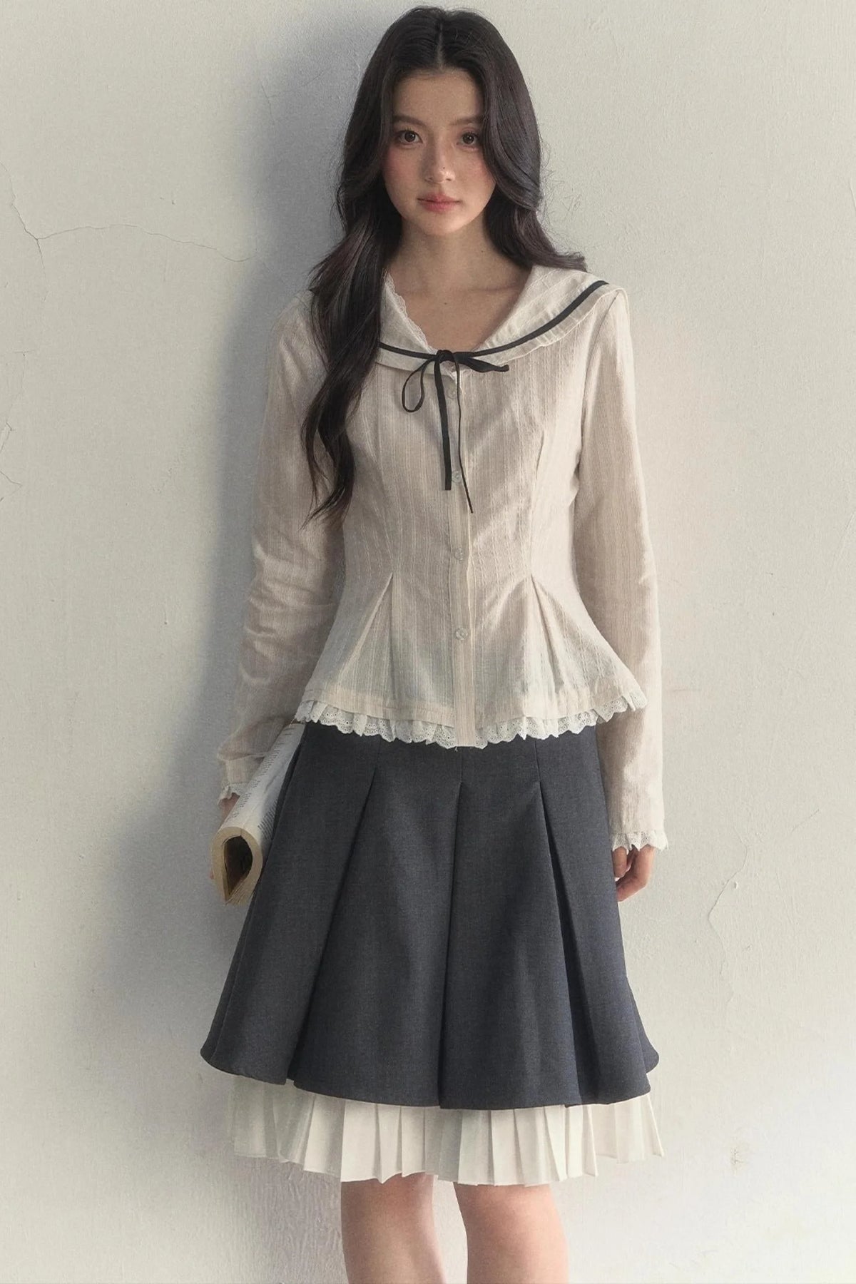 Texture Long Sleeve Waist Shirt Set-Up
